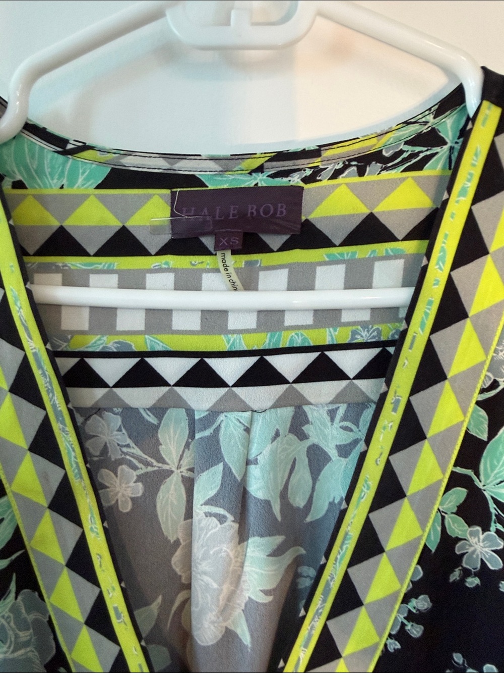 Hale Bob Mint Floral Blouse with Neon Yellow & Black Trim